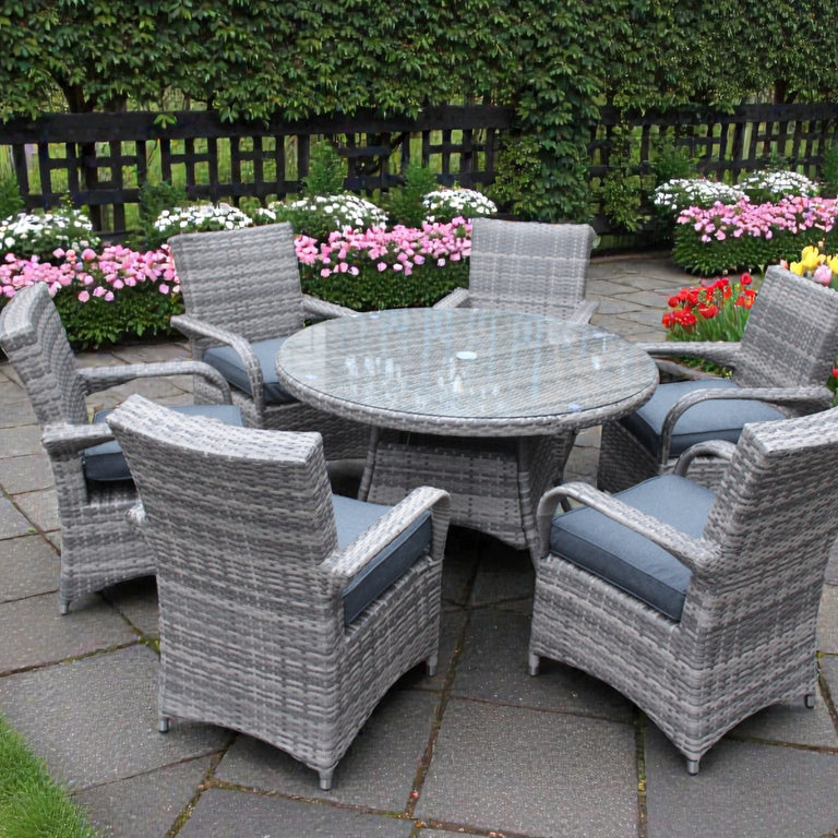 Majorca Garden Table & Chairs Set – Grey Rattan Outdoor Furniture with 135 cm Dining Table & Cushioned Chairs