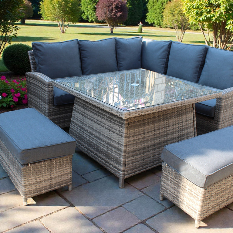 Maldives Garden Table & Sofas Set with Rattan Corner Sofa, Glass Dining Table & Cushioned Stools