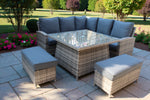 Maldives Garden Table & Sofas Set with Rattan Corner Sofa, Glass Dining Table & Cushioned Stools