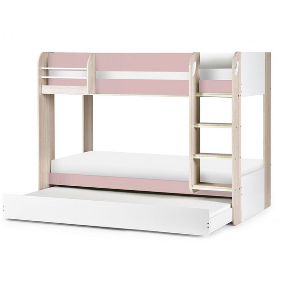 Adorable bunk bed with a lovely pastel pink hue.
