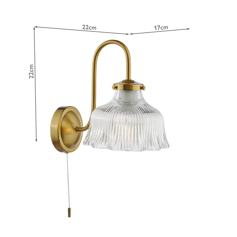 Maude Wall Light Natural Brass with Ribbed Glass Shade Pull Switch, Lighting Collection Home Decor
