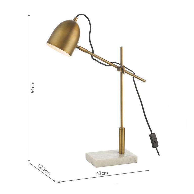 Mendal Desk Lamp Antique Bronze and Marble Base, Adjustable Arm, Black Braided Cable, Home Decor