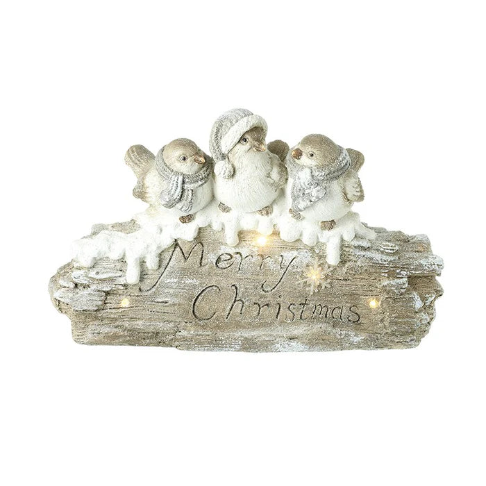 Merry Christmas Birds On Log W/Led