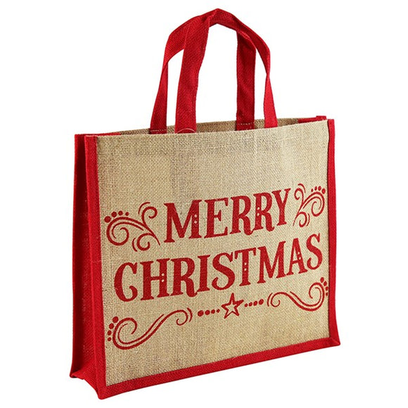 Elevate your holiday gifting and spreading cheer with the Merry Xmas Tree Red Jute Bag. Add a touch of festivity and eco-friendliness to your gift-giving with this charming and reusable jute bag.