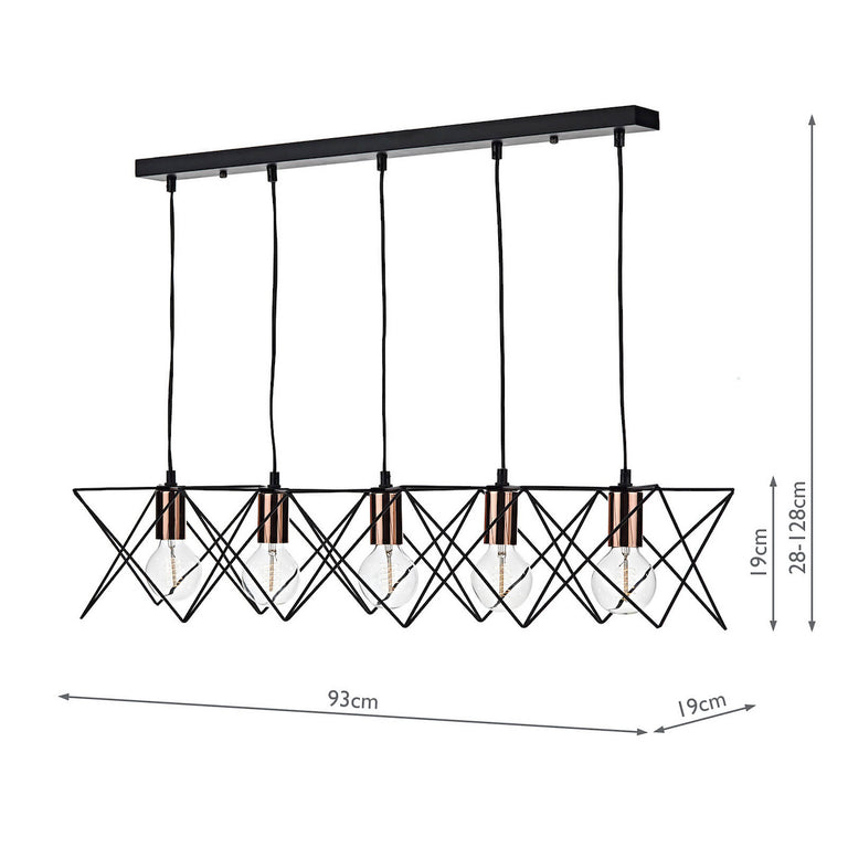 Midi 5 Light Bar Pendant Matt Black and Polished Copper Zig-Zag Shade Hanging Ceiling Light