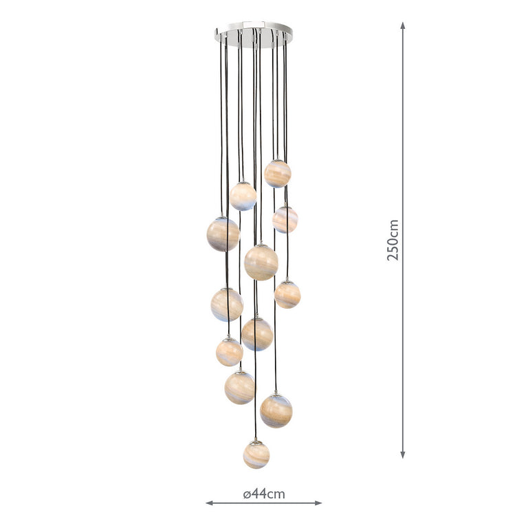 Mikara 12 Light Cluster Pendant Chrome & Planet Glass Shades Hanging Ceiling Light