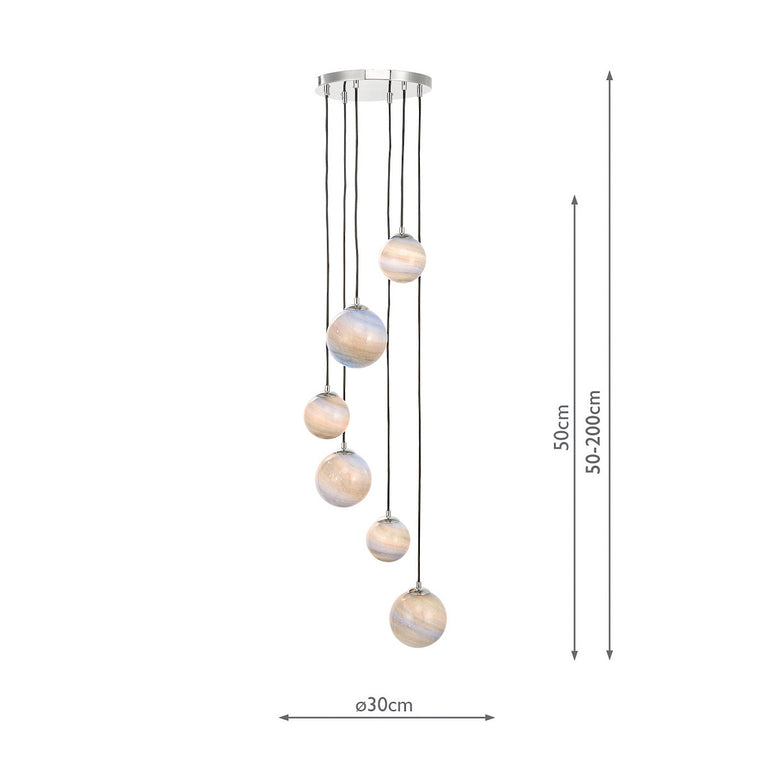 Mikara 6 Light Cluster Pendant Chrome & Planet Glass Hanging Ceiling Light for Modern Home Decor