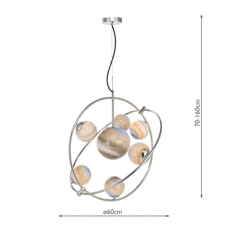 Mikara 7 Light Pendant Chrome & Planet Glass Ceiling Light with Hand-Blown Planet