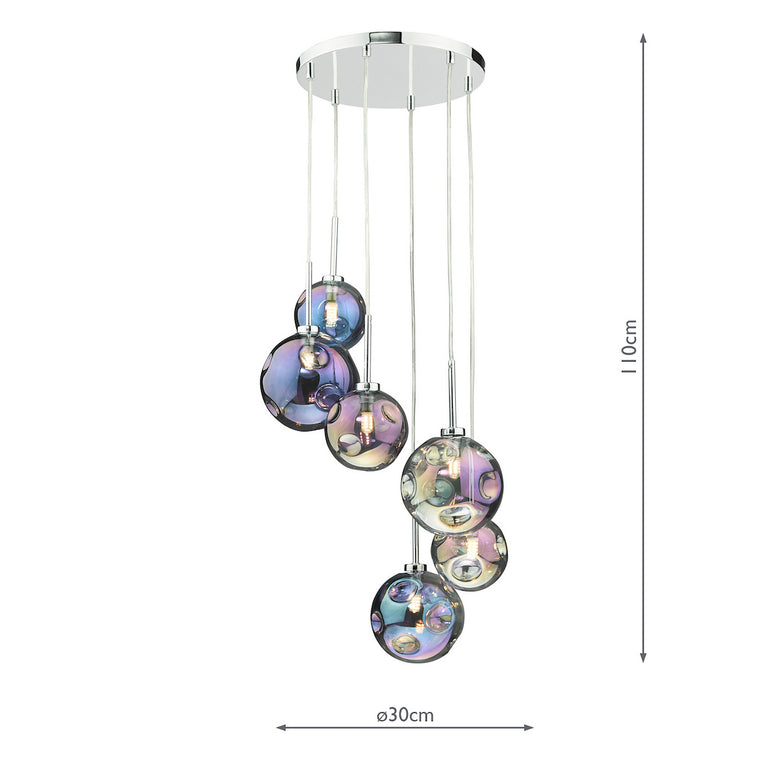 Mira 6 Light Cluster Pendant Polished Chrome and Iridised Glass Shades, Polished Chrome Hanging Pendant for Home Decor