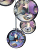 Mira 6 Light Cluster Pendant Polished Chrome and Iridised Glass Shades close view picture of the glass shades