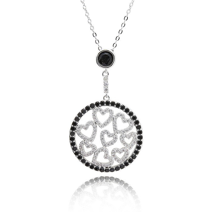 Monochrome Circle of Hearts Silver Plated Necklace