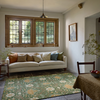 Morris & Co Montreal Floral Rug Forest lifestyle picture in the dining room