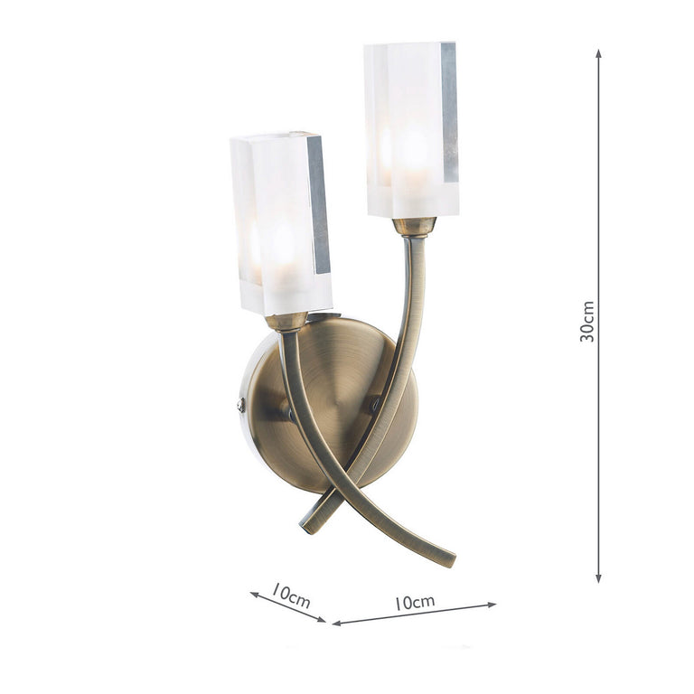 Morgan 2 Light Wall Light Antique Brass with Frosted Inner Glass Shade – Modern Wall Fitting Lighting Collection