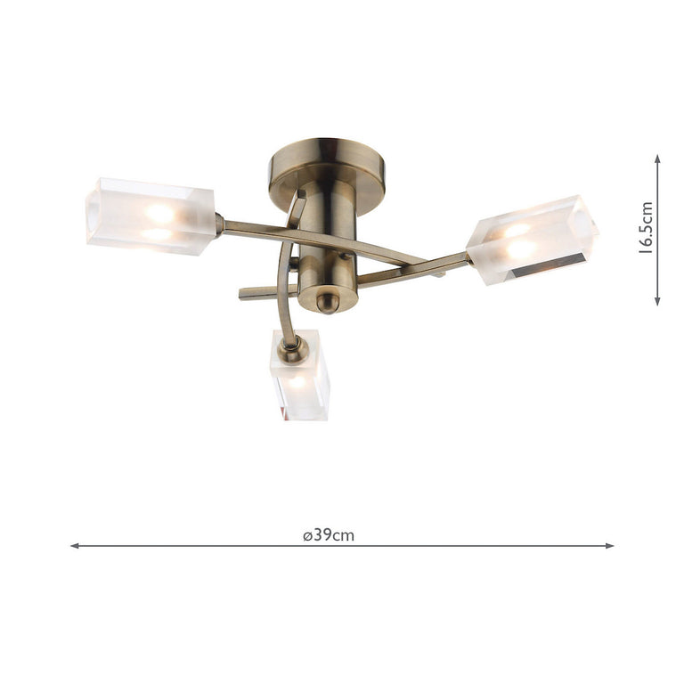 Morgan 3 Light Semi-Flush Antique Brass Ceiling Light with Frosted Glass Shades