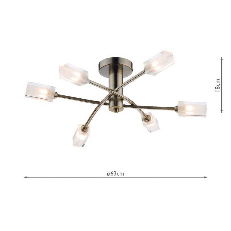 Morgan 6 Light Semi-Flush Antique Brass Ceiling Light with Frosted Glass Shades