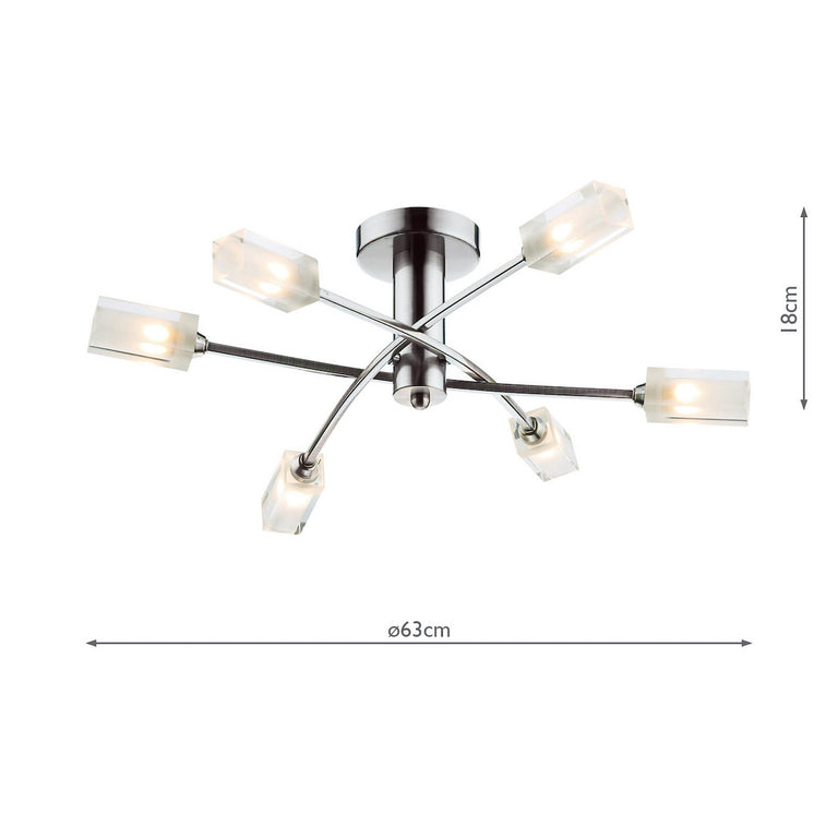 Morgan 6 Light Semi-Flush Satin Chrome Ceiling Light with Frosted Inner Glass Shades
