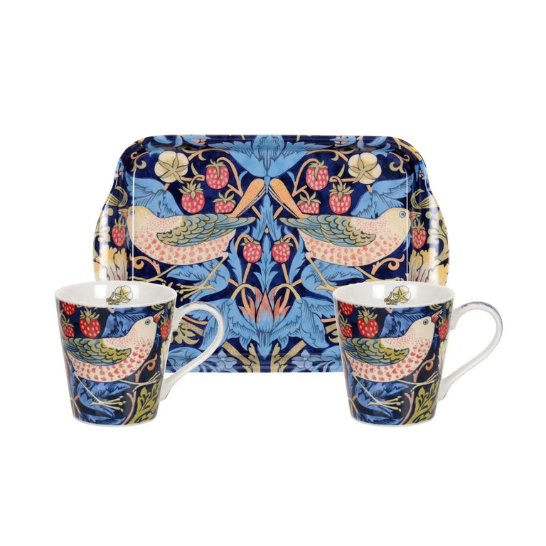 Morris & Co Strawberry Thief Cups And Tray Set - Indigo