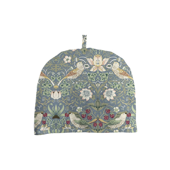 Blue tea cosy with William Morris Strawberry Thief design