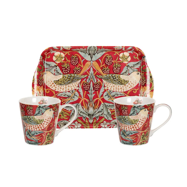 Morris & Co Strawberry Thief Cups And Tray Set - Crimson