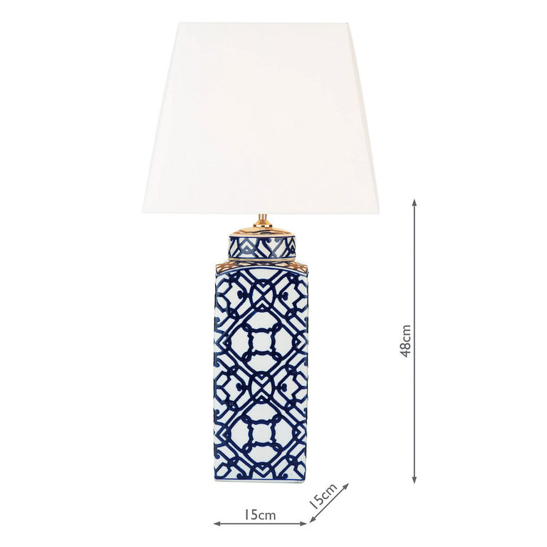 Mystic Ceramic Table Lamp Blue with Ivory Faux Silk Shade – Geometric Home Decor Lighting