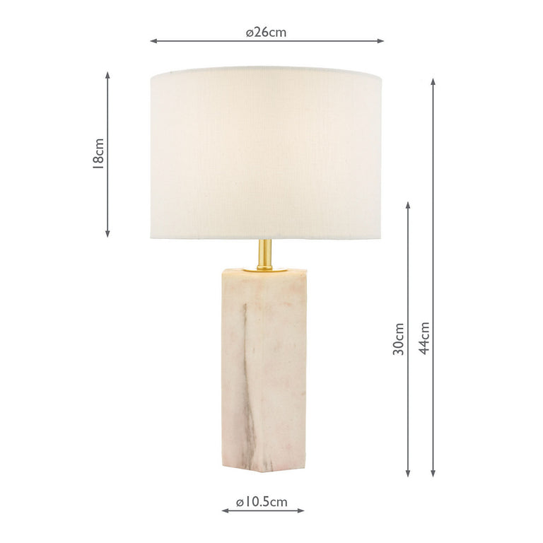 Nalani Table Lamp with Pink Marble Effect Base, Ivory Linen Drum Shade & Brass Detailing