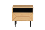 Stylish nightstand with black metal legs and oak finish
