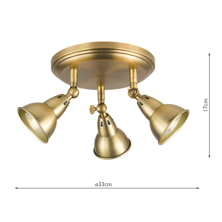 Nathaniel 3 Light Semi-Flush Spotlight Aged Brass Ceiling Light Fitting with Adjustable Heads