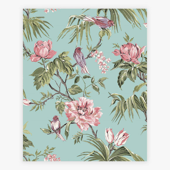 Birds and Blooms wallpaper in duck egg with floral design