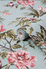 Duck egg blue floral wallpaper with vibrant pinks and greens