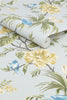 Grey floral wallpaper with fresh greens and antique yellows