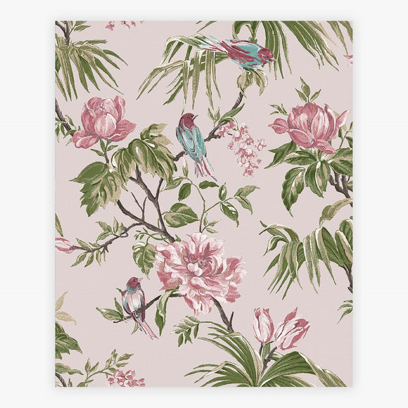 Birds and Blooms wallpaper in mauve with floral design