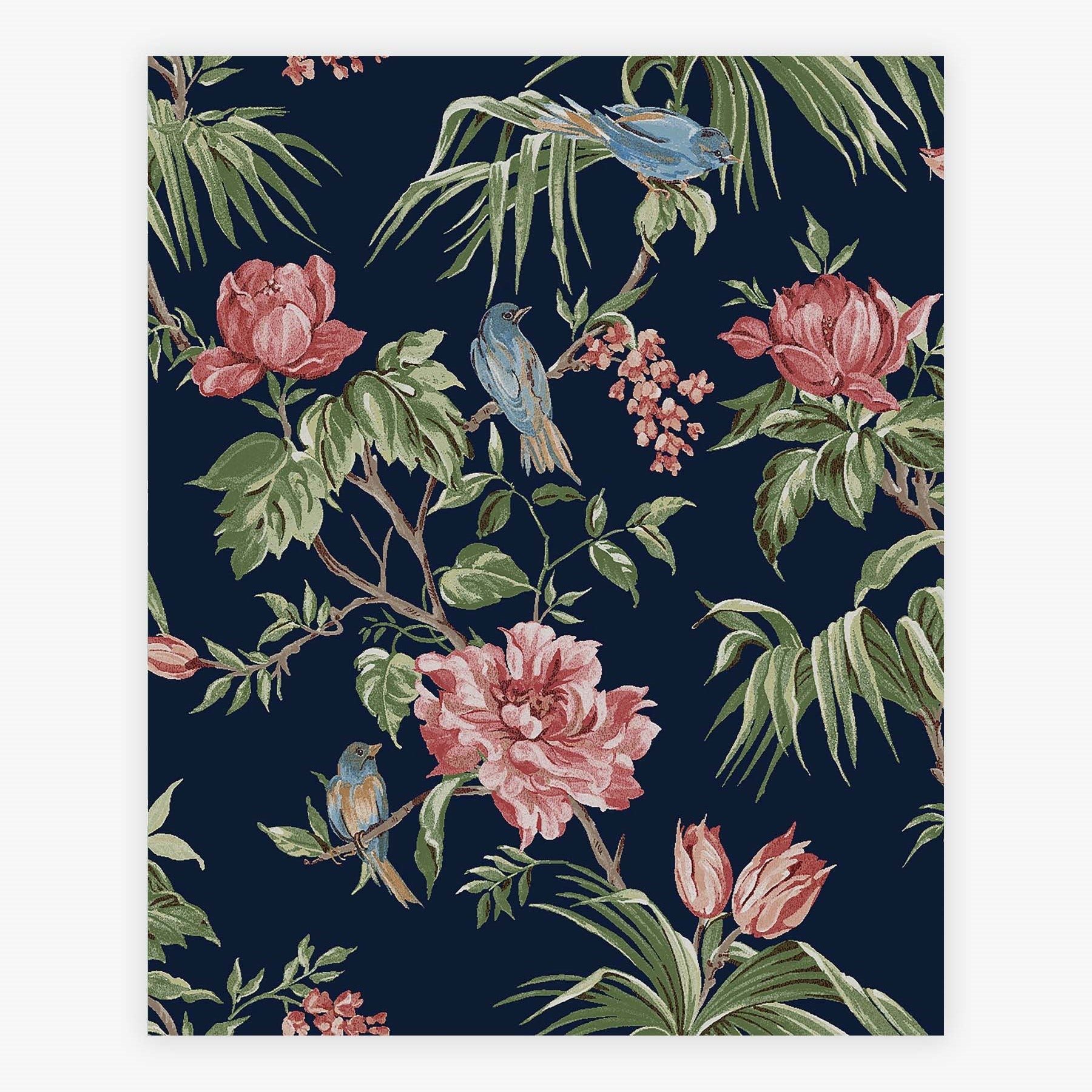 navy floral bird wallpaper