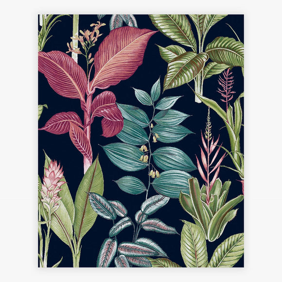 Tropical wallpaper with Fantasy Rainforest Leaves Navy design
