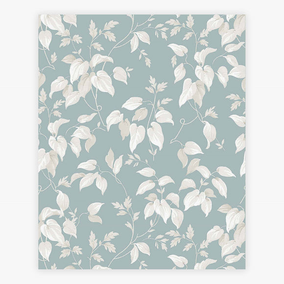 Intricate leaf and branch design on duck egg background wallpaper