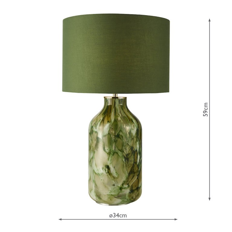 Nuria Table Lamp Green Art Glass and Antique Brass with Green Cotton Drum Shade – Decorative Lighting Collection