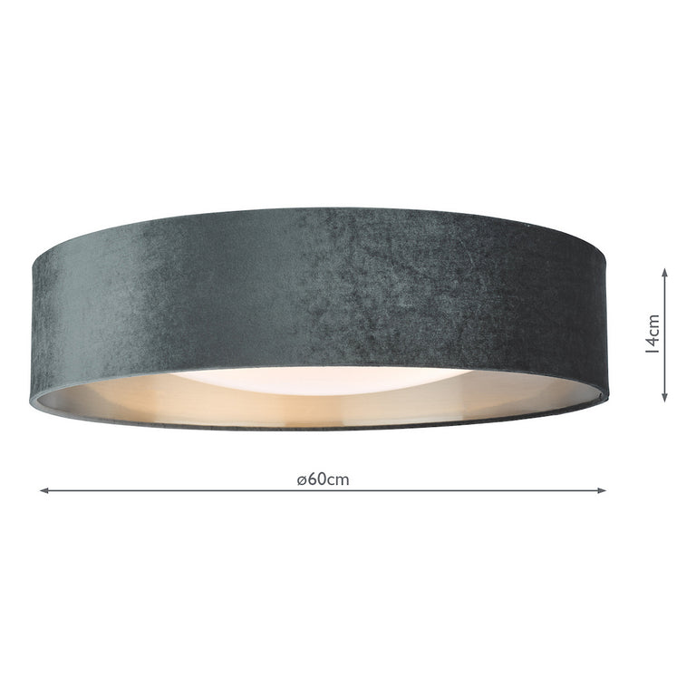 Nysa 3 Light Flush Light Dark Grey Velvet Shade with Silver Lining LED Ceiling Flush Light for Low Ceilings