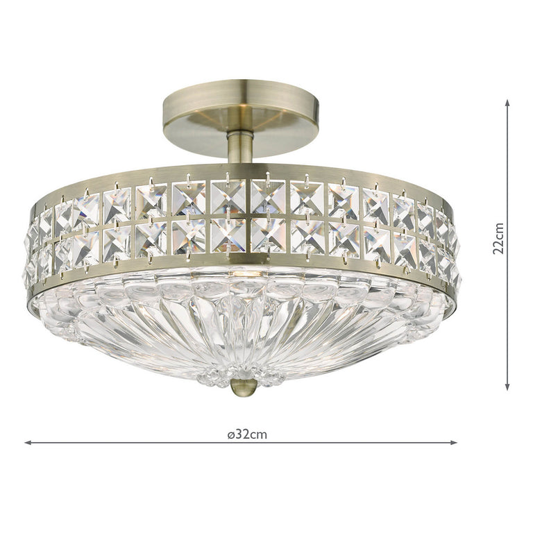 Olona 3 Light Semi-Flush Antique Brass and Crystal Shade, Ceiling Semi-Flush Light Fitting