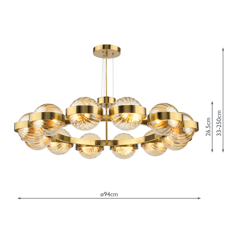 Ophira 12 Light Pendant Antique Gold with Amber Ribbed Glass Shades Hanging Ceiling Light