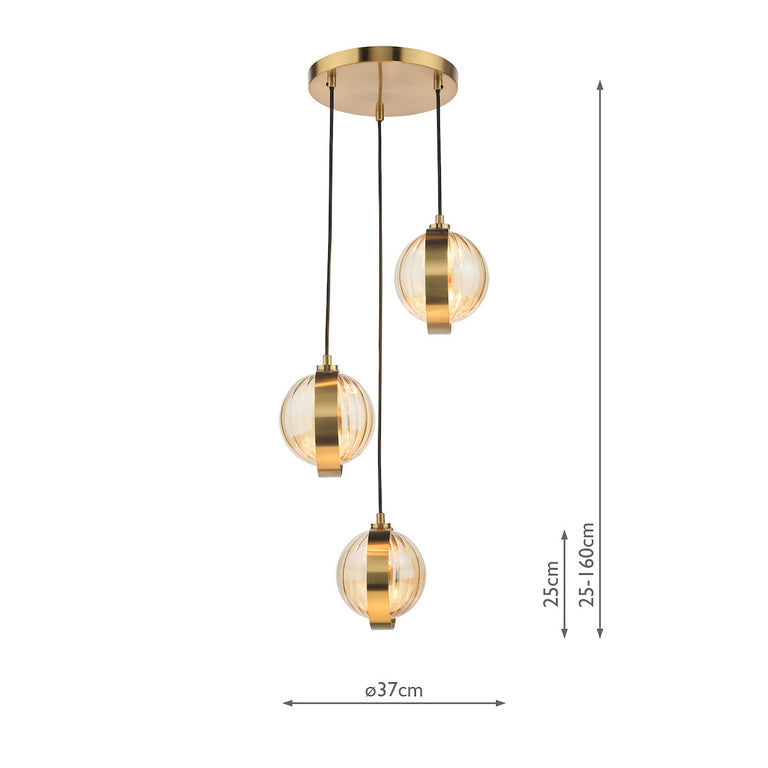 Ophira 3 Light Cluster Pendant Ceiling Light Antique Gold with Amber Ribbed Glass Shades