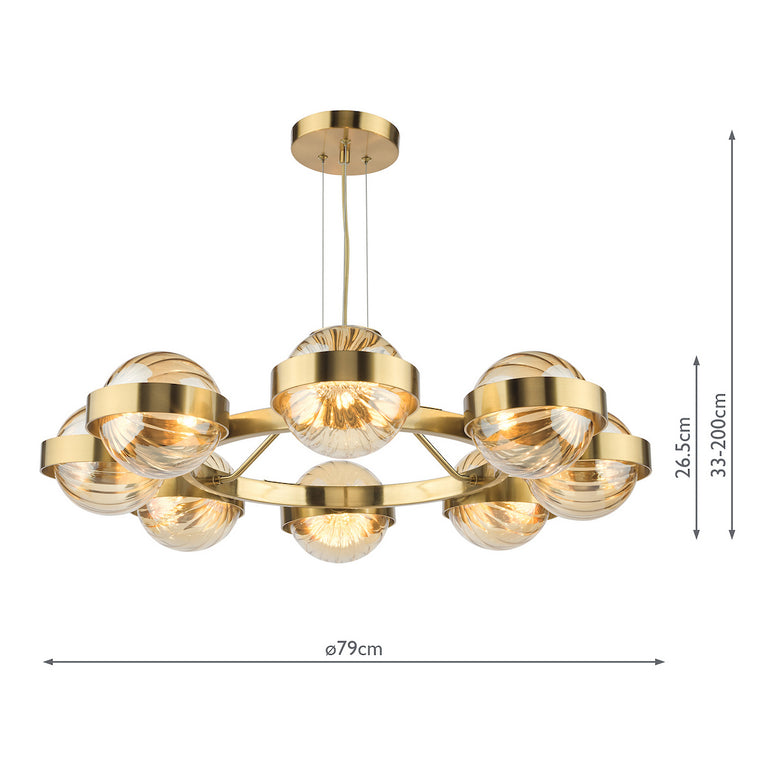 Ophira 8 Light Pendant Antique Gold and Amber Ribbed Glass Designer Ceiling Lighting Fixture Gold & Amber