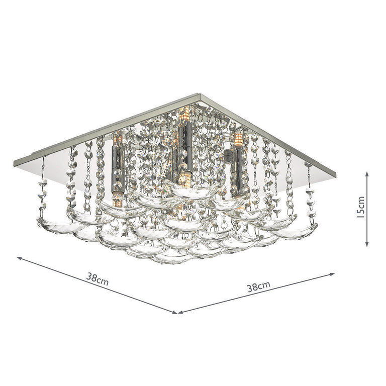 Orella 5 Light Flush Polished Chrome and Crystal Square Flush Fitting Light for Home Decor