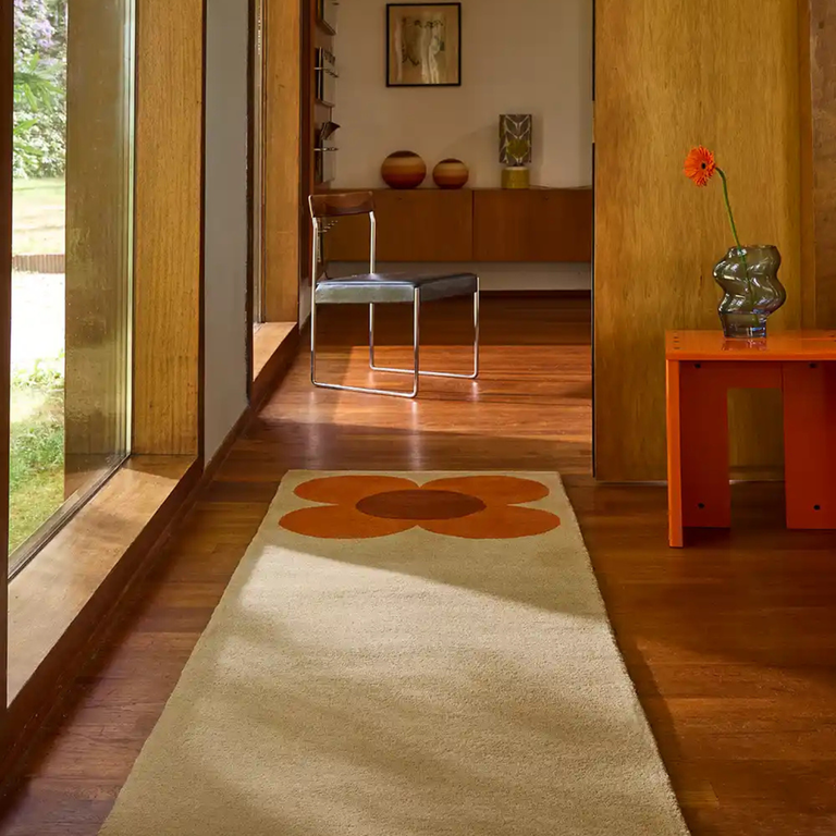Orla Kiely Flower Placement Pumpkin Ecru Runner Rug – Hand Tufted Wool