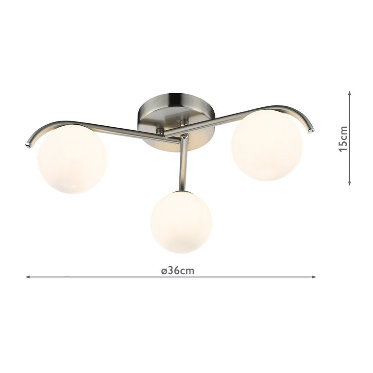 Orlena 3 Light Semi-Flush Satin Chrome and Opal Glass Shade Ceiling Light Fitting for Modern Home Decor