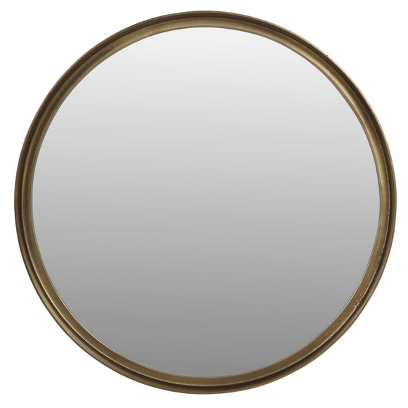 Modern brass-framed circular mirror.