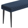 Ottowa Dining Bench Blue Velvet close view picture of the metal legs and velvet upholstery