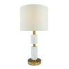 Calina geometric table lamp with white marble detailing, antique brass-effect accents and neutral shade