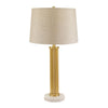 Greta table lamp with slim gold-toned column, pale marble base and neutral fabric shade