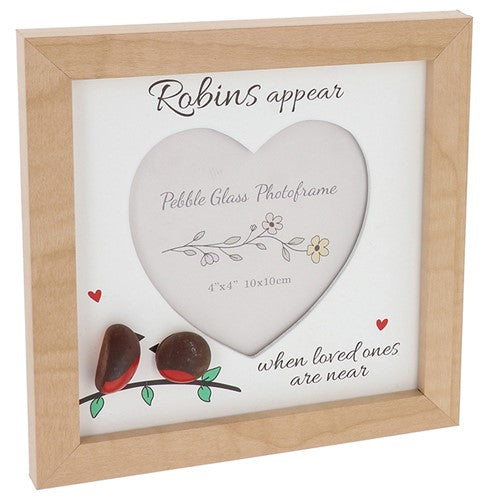 Pebble Glass Photo Frame Robins - Wooden Memorial Picture Frame