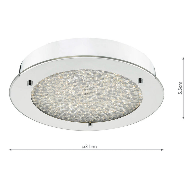 Peta Bathroom Flush Ceiling Light with Crushed Crystal Diffuser, Polished Chrome LED Ceiling Flush Light IP44