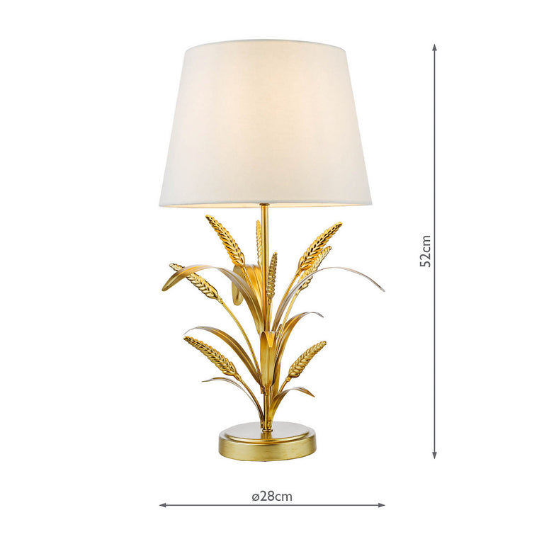 Phaedra Table Lamp Gold with Hand-Applied Wheatsheafs & Natural Linen Drum Shade